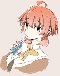  1girl ahoge brown_shirt commentary_request drinking_straw highres holding_carton koito_yuu long_sleeves low_twintails nobunaga_(nbng_g) orange_hair sailor_collar school_uniform shirt short_hair short_twintails simple_background solo tohmi_higashi_high_school_uniform twintails upper_body white_background white_sailor_collar yagate_kimi_ni_naru yellow_eyes 