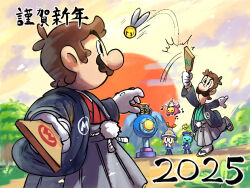  1girl 2025 4boys arc_(mario) black_eyes brown_hair connie_(mario) facial_hair gloves haori highres japanese_clothes luigi mario mario_&amp;_luigi:_brothership mario_&amp;_luigi_rpg mario_(hakama) mario_kart mario_kart_tour masanori_sato_(style) multiple_boys mustache new_year nose snoutlet_(mario) super_mario_bros. white_gloves yamari_(ya_mari_6363) 