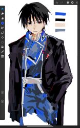  1boy amestris_military_uniform art_program_in_frame bailanlam black_eyes black_hair black_jacket closed_mouth coat color_guide commentary english_commentary fullmetal_alchemist hand_in_pocket highres jacket long_sleeves male_focus military military_uniform roy_mustang short_hair simple_background upper_body white_background 