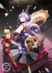  1girl animal_ears arknights artist_name ascot bang_dream! bang_dream!_it&#039;s_mygo!!!!! bare_shoulders black_ascot black_dress black_gloves black_hat card cat_ears cat_girl cat_tail chinese_commentary chromatic_aberration commentary_request dress flower from_above full_body gloves hat highres kemonomimi_mode light_particles looking_at_viewer mixed-language_commentary mxd_taolifly outstretched_arms phonograph plant playing_card purple_hair red_flower red_rose rose short_hair smile solo spread_arms standing tail thorns vines violet_eyes wings yuutenji_nyamu yuutenji_nyamu_(magician_of_passion) 