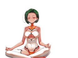  1girl bare_shoulders blush breasts cleavage_cutout closed_eyes clothing_cutout covered_navel dark_skin green_hair highleg highleg_leotard infinite_stratos infinite_stratos:_archetype_breaker large_breasts leotard looking_at_viewer non-web_source official_art short_hair simple_background sitting skin_tight solo tan thigh-highs turtleneck violet_eyes vishnu_isa_galaxy white_background white_leotard 