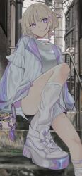  1girl absurdres alley banpen_(todoroki_hajime) blonde_hair blurry blurry_background choker closed_mouth etou_yuuhi foot_out_of_frame hair_ornament hairclip hashtag-only_commentary highres holographic_clothing hololive hololive_dev_is jacket long_sleeves looking_at_viewer loose_socks multicolored_hair open_clothes open_jacket outdoors platform_shoes puffy_long_sleeves puffy_sleeves purple_hair shirt shoes short_hair shorts sitting sneakers socks solo stairs streaked_hair sunglasses todoroki_hajime todoroki_hajime_(1st_costume) triangular_eyewear two_side_up utility_pole violet_eyes virtual_youtuber white_jacket white_shirt white_shoes white_shorts white_socks 