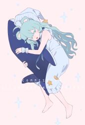 1girl absurdres ahoge animal_ears aqua_eyes aqua_hair barefoot bear_ears colored_eyelashes dress frilled_dress frills full_body hair_between_eyes hair_ornament hat highres holding holding_stuffed_toy hugging_object long_hair lying nightcap on_side open_mouth original oversleep pajamas pink_background simple_background sleeping sleeveless sleeveless_dress solo sparkle star_(symbol) stuffed_animal stuffed_orca stuffed_toy wavy_hair white_dress white_pajamas wrist_cuffs 