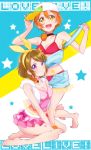  2girls baseball_cap bikini bikini_skirt brown_hair hat hoshizora_rin jacket kii_(1_tttnaka) koizumi_hanayo love_live!_school_idol_project multiple_girls orange_hair short_hair shorts swimsuit violet_eyes yellow_eyes 