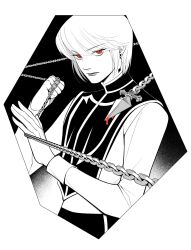  1boy 63roku63 androgynous blood chain closed_mouth earrings hand_chains highres hunter_x_hunter jewelry kurapika lips long_sleeves looking_at_viewer male_focus red_eyes ring short_hair solo upper_body 