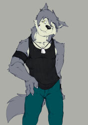 1boy animal_ears armband black_shirt black_tank_top dog_boy dog_ears dog_tail english_commentary furry furry_male green_pants grey_background hhsyanko highres jewelry kouya_aotsuki looking_at_viewer male_focus morenatsu necklace one_eye_closed pants shirt sleeveless sleeveless_shirt smile tail tank_top wristband