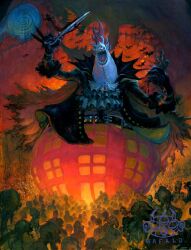  1boy acrylic_paint_(medium) ascot bat_(animal) belt black_coat coat commentary english_commentary evil_smile gecko_moria giant highres holding holding_scissors horns one_piece open_mouth painting_(medium) purple_hair scissors shadow sharp_teeth smile teeth traditional_media wafalo watermark white_ascot zombie 