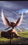  1girl animal_ears bird_wings boots brown_dress clouds cloudy_sky dress flower grass hat juliet_sleeves landscape long_sleeves mountain mystia_lorelei outstretched_arms outstretched_wings pink_hair puffy_sleeves rainbow running shirt sky solo touhou wings yamamomo_(plank) 