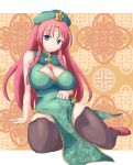  1girl arm_support beret black_legwear blue_eyes breasts china_dress chinese_clothes cleavage_cutout curvy dress green_dress green_hat hand_on_own_stomach hat hong_meiling large_breasts light_smile long_hair looking_at_viewer redhead side_slit sitting solo star thigh-highs touhou wariza 