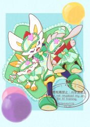  3others animal_ears balloon blue_background blue_border border bow bowtie character_watermark cinderace closed_eyes crescent crescent_moon crescent_pin gokuaku_rabbit green_bow green_bowtie green_pajamas green_pillow green_ribbon green_shoes hand_on_another&#039;s_stomach head_on_another&#039;s_shoulder highres leg_on_another&#039;s_leg lying moon multiple_others no_humans on_back on_pillow open_mouth outside_border pajamas pillow pink_star pokemon pokemon_(creature) pokemon_focus rabbit rabbit_ears raboot ribbon scorbunny shadow shoes sleeping star-shaped_pillow star_(symbol) stuffed_animal stuffed_toy twitter_username watermark yellow_star 