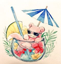  commentary_request cup drinking_straw fangs flower food food_focus fruit full_body hibiscus in_container in_cup mint_nappa no_humans painting_(medium) pineapple pineapple_slice pokemon pokemon_(creature) slowpoke solo sunglasses traditional_media umbrella watercolor_(medium) 