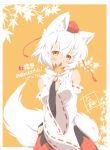  1girl animal_ears blush breasts detached_sleeves hat inubashiri_momiji leaf looking_at_viewer maple_leaf neko_yume red_eyes ribbon-trimmed_sleeves ribbon_trim short_hair skirt solo tail tokin_hat touhou white_hair wolf_ears wolf_tail 