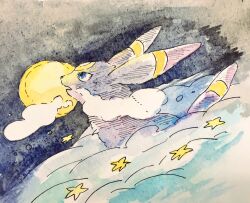  blue_eyes clouds commentary_request from_side full_moon highres mint_nappa moon no_humans open_mouth painting_(medium) pokemon pokemon_(creature) solo star_(symbol) traditional_media umbreon watercolor_(medium) 