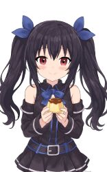  1girl aged_down belt_buckle black_dress black_hair black_sleeves blue_bow blush bow buckle detached_sleeves dress dziecinka food hair_ribbon highres holding holding_food long_hair neptune_(series) noire_(neptunia) pudding red_eyes ribbon signature smile solo twintails white_background 