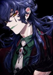  1boy absurdres adjusting_clothes adjusting_gloves black_background black_eyeliner black_gloves blue_hair closed_mouth clown collared_shirt commentary_request crossed_bangs eyeliner eyeshadow gloves green_lips green_shirt highres jacket ju_(mahjong_soul) long_hair looking_at_viewer mahjong_soul makeup male_focus necktie red_eyeshadow red_jacket shirt smile solo upper_body vanillaext white_necktie yellow_eyes 