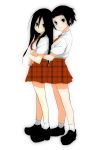  2girls black_hair brown_eyes dress_shirt ekra hug hug_from_behind komori_kiri loafers long_hair looking_at_viewer multiple_girls necktie plaid plaid_skirt sayonara_zetsubou_sensei shirt shoes short_hair skirt smile tsunetsuki_matoi unmoving_pattern 