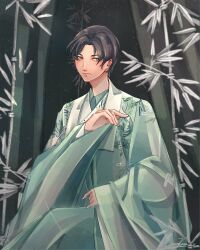  1boy absurdres an_vegg_png bamboo bamboo_forest black_hair blue_eyes chinese_clothes closed_mouth cowboy_shot expressionless forest green_hanfu hanfu highres light_blush lips long_sleeves male_focus marking_on_cheek nature nikki_(series) outdoors parted_bangs qin_yi shining_nikki short_hair signature sitting sleeves_past_wrists solo wide_sleeves 