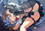  1girl ass blue_hair casing_ejection green_panties gun hair_ribbon is_ii long_hair original panties pleated_skirt ribbon school_uniform shell_casing skirt smoke thigh_strap underwear upskirt very_long_hair weapon yellow_eyes 