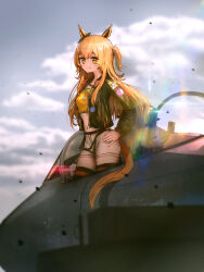  1girl absurdres advarcher aircraft airplane animal_ears bomber_jacket bow breasts closed_mouth clouds cockpit commentary crop_top cropped_shirt ear_bow english_commentary fighter_jet green_jacket hair_between_eyes highres horse_ears horse_girl horse_tail jacket long_hair long_sleeves looking_at_viewer mayano_top_gun_(scramble_zone)_(umamusume) mayano_top_gun_(umamusume) midriff military_vehicle navel open_clothes open_cockpit open_jacket orange_eyes orange_hair orange_tail shirt shorts sky smile solo standing tail thigh-highs two_side_up umamusume white_shorts yellow_shirt 