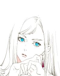  1girl blue_eyes earrings fingernails gigi_andalusia gundam gundam_hathaway's_flash highres jewelry long_fingernails long_hair looking_at_viewer needbee_r parted_lips partially_colored portrait simple_background solo white_background 