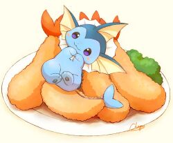  :3 animal_focus blue_eyes blue_fur blue_sclera blush broccoli cetacean_tail closed_mouth colored_sclera fins fish_tail food forked_tail full_body head_fins highres mimix no_humans plate pokemon pokemon_(creature) pokemon_focus shrimp shrimp_tempura smile solo tail tempura vaporeon 