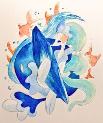  blue_eyes blue_gemstone evolution_stone fish full_body gem goldfish highres mint_nappa no_humans painting_(medium) pokemon pokemon_(creature) primarina simple_background smile solo traditional_media water_stone watercolor_(medium) 