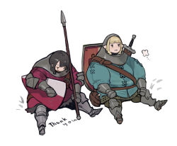  2girls :p armored_boots bags_under_eyes belt black_eyes black_hair blonde_hair blue_jacket boots brown_belt canteen carrying carrying_under_arm closed_mouth commentary_request couter english_text exhausted fat full_body gauntlets gorget green_pants grey_skirt head_down holding holding_polearm holding_weapon jacket long_sleeves looking_ahead looking_down multiple_girls nanora open_mouth original pants pointy_ears polearm poleyn red_jacket scabbard sheath shield shield_on_back short_hair shoulder_belt side-by-side sidelocks simple_background sitting skirt spear spread_legs swept_bangs sword sword_on_back tongue tongue_out weapon weapon_on_back white_background writing 