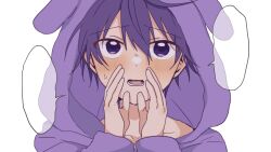  1boy animal_ear_hood blank_speech_bubble blush commentary cupping_hands hair_between_eyes highres hood lower_teeth_only male_focus nanamori_(stpri) open_mouth own_hands_together pajamas portrait purple_hair purple_pajamas short_hair simple_background solo speech_bubble straight-on strawberry_prince sweatdrop teeth uniuni12040427 violet_eyes white_background 