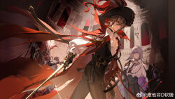  4boys animal_ears arknights ascot belt belt_buckle bitamind black_belt black_cape black_gloves black_hair black_hat black_jacket black_necktie black_pants black_vest blue_eyes brown_hair buckle cape cat_boy cat_ears chinese_commentary cloak closed_mouth collared_shirt control_bar covered_face cowboy_shot curtains frilled_shirt frills glasses gloves hair_between_eyes hair_ornament hairclip hat hat_feather high-waist_pants highres holding holding_shield holding_sword holding_weapon holster id_card infection_monitor_(arknights) jacket jewelry long_hair long_hair_between_eyes long_sleeves looking_at_another looking_at_viewer looking_back male_focus mask material_growth mohawk multicolored_hair multiple_boys necklace necktie official_alternate_costume oripathy_lesion_(arknights) pants parted_lips partially_unbuttoned phantom_(arknights) phantom_(focus)_(arknights) playwright_(arknights) pointy_ears puffy_long_sleeves puffy_sleeves puppet_strings purple_hair red_ascot red_cape serious shalem_(arknights) shield shirt short_hair side_cape snake_boy snake_tail stage_curtains standing streaked_hair sword tail theater thigh_holster torn_cloak torn_clothes troupe_mouthpiece_(arknights) upper_body vest violet_eyes wallet_chain watermark weapon weibo_watermark white_hair white_shirt window yellow_eyes 