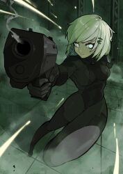  1girl absurdres aiming aiming_at_viewer antangonist black_bodysuit blue_eyes bodysuit closed_mouth commentary covered_navel dynamic_pose fighting_stance foreshortening full_body green_theme gun hair_ornament hairclip handgun highres holding holding_gun holding_weapon indoors marie_(peripeteia) medium_hair peripeteia projectile_trail smoke smoking_barrel solo tile_floor tiles truss under_fire weapon white_hair 