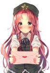  1girl blush bou_shaku braid green_eyes hat heart hong_meiling letter long_hair love_letter redhead simple_background solo touhou twin_braids white_background 