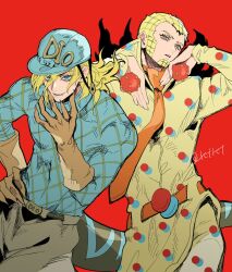 2boys argyle_clothes argyle_sweater ball belt belt_buckle blonde_hair blue_eyes blue_helmet blue_sweater brown_eyes brown_gloves buckle clawed_gauntlets commentary_request derivative_work diego_brando dinosaur_tail facial_hair gloves goatee grey_pants helmet highres holding holding_ball jojo_no_kimyou_na_bouken jojo_pose katori_(katokichi) long_hair long_sleeves looking_at_viewer male_focus multiple_boys necktie orange_belt orange_necktie pants pelvic_curtain polka_dot polka_dot_shirt red_background scary_monsters_(stand) shirt short_hair stand_(jojo) steel_ball_(jojo) steel_ball_run sweater tail turtleneck turtleneck_sweater wekapipo wekapipo&#039;s_pose_(jojo) whiskers yellow_pants yellow_shirt 
