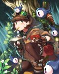  1girl blush book boots brown_hair fingerless_gloves gloves goggles goggles_on_head green_eyes monster mouth_hold nature pencil robe short_hair solo sweat thigh-highs tree wooni 