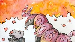  autumn_leaves berry_(pokemon) black_eyes cheri_berry commentary_request from_side highres leaf looking_at_another mint_nappa no_humans painting_(medium) pokemon pokemon_(creature) scolipede traditional_media watercolor_(medium) zorua 