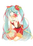  1girl agonasubi apple aqua_eyes aqua_hair crown cushion dress food food_themed_clothes fruit hair_ribbon hatsune_miku highres jewelry long_hair necklace open_mouth ribbon sitting solo tattoo twintails very_long_hair vocaloid watch white_background 