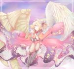  1girl ahoge angel angel_wings asymmetrical_wings blonde_hair blue_eyes boots borrowed_character bow cassie_(acerailgun) cyborg dress feathered_wings full_body grin hair_bow highres lolisoup mechanical_arm mechanical_wings one_eye_closed original smile solo striped striped_legwear watermark web_address wings 