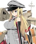  1girl artist_request bare_shoulders bismarck_(kantai_collection) blonde_hair blue_eyes blush breasts detached_sleeves hat impossible_clothes kantai_collection large_breasts long_hair long_sleeves machinery military military_uniform peaked_cap simple_background solo turret uniform white_background 