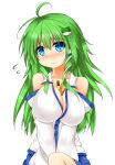  1girl ahoge bare_shoulders between_breasts blue_eyes blush breasts cleavage collarbone detached_sleeves flying_sweatdrops frog_hair_ornament green_hair hair_ornament highres kochiya_sanae large_breasts long_sleeves pocky sitting snake_hair_ornament solo touhou us2s v_arms wavy_mouth wide_sleeves 
