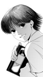  63roku63 black_eyes black_hair blush chrollo_lucilfer greyscale grin highres hunter_x_hunter monochrome shirt short_sleeves smile solo 