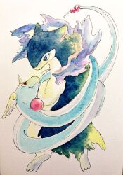  commentary_request dragonair full_body highres looking_at_another mint_nappa no_humans painting_(medium) paper_texture pokemon pokemon_(creature) red_eyes simple_background traditional_media typhlosion watercolor_(medium) 