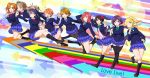  6+girls ;d \m/ aqua_eyes arm_behind_head ayase_eli black_hair black_legwear blue_eyes blue_hair blush bow bowtie brown_hair card copyright_name directional_arrow double_\m/ finger_to_mouth hair_bow highres hoshizora_rin koizumi_hanayo kousaka_honoka ksk_(semicha_keisuke) leg_up legs_up long_hair love_live!_school_idol_project minami_kotori multiple_girls nishikino_maki one_eye_closed open_mouth orange_hair pantyhose pointing ponytail red_eyes redhead short_hair smile socks sonoda_umi thigh-highs toujou_nozomi twintails violet_eyes yazawa_nico 