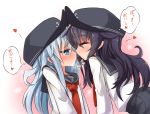  2girls ^_^ akatsuki_(kantai_collection) black_hair blue_eyes blush closed_eyes hat heart heavy_breathing hibiki_(kantai_collection) kantai_collection long_hair multiple_girls neckerchief pocky pocky_kiss sasamashin school_uniform serafuku shared_food silver_hair skirt translation_request yuri 