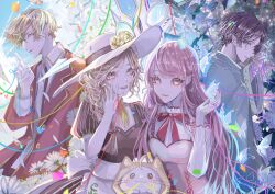  2boys 2girls :3 absurdres ahoge apron back_bow bare_arms blazer blonde_hair bloom_poetry_(shining_nikki) blue_sky blunt_ends bow bowtie braid breast_pocket brown_dress brown_hair bug butterfly butterfly_on_hand cloak closed_mouth clothes_writing clouds collared_jacket collared_shirt commentary_request confetti cowboy_shot crack cracked_glass cross-laced_clothes cross-laced_dress denim denim_shorts dress dress_ribbon ear_covers eyelashes field fingernails flower flower_field grey_eyes grey_hanfu hair_over_shoulder hand_on_own_cheek hand_on_own_face happy hat hat_flower highres hood hood_up hooded_cloak jacket joy_(shining_nikki) lapels layered_sleeves light_blush lipstick loen_(shining_nikki) long_hair long_sleeves loose_hair_strand makeup marking_on_cheek military_uniform mirror momo_(nikki) mouth_hold multiple_boys multiple_girls necktie night night_sky nikki_(nikki) nikki_(series) notched_lapels open_clothes open_jacket outdoors petals pinafore_dress pink_dress pink_hair pink_lips pocket pointing pointing_up puffy_short_sleeves puffy_sleeves purple_flower qin_yi red_bow red_bowtie red_jacket red_necktie red_ribbon ribbon rose sasame_20 scarf see-through_clothes see-through_sleeves shining_nikki shirt short_sleeves shorts single_braid sky sleeveless sleeveless_dress smile split_theme standing star_(sky) starry_sky string string_around_finger string_of_fate striped_clothes striped_dress striped_shirt sun_hat vertical-striped_clothes vertical-striped_dress vertical-striped_shirt very_long_hair waist_apron wavy_hair whiskers white_apron white_bow white_butterfly white_flower white_hat white_shirt yellow_cloak yellow_eyes yellow_flower yellow_rose yellow_scarf 