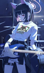  1girl absurdres animal_ears animal_print band_shirt bass_guitar belt black_belt black_choker black_hair black_jacket black_wrist_cuffs blue_archive blunt_bangs blunt_ends bob_cut cat_ears cat_print chinese_commentary choker clothes_around_waist clothes_writing collarbone colored_inner_hair commentary cowboy_shot diffraction_spikes drum earrings fanshuimucishen halo highres holding holding_bass_guitar holding_instrument instrument jacket jacket_around_waist jewelry kazusa_(band)_(blue_archive) kazusa_(blue_archive) making-of_available merchandise multicolored_hair multiple_wristbands music official_alternate_costume pink_eyes pink_hair pink_halo playing_bass_guitar playing_instrument pleated_skirt print_shirt shirt short_hair short_sleeves sidelocks single_wrist_cuff skirt solo stud_earrings t-shirt thigh_belt thigh_strap two-tone_hair white_shirt white_skirt wrist_cuffs wristband 