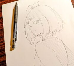  1girl art_tools_in_frame blush commentary_request fang gasuri_govan graphite_(medium) greyscale mechanical_pencil medium_hair monochrome one_eye_closed pencil skin_fang solo traditional_media watase_kiui yoru_no_kurage_wa_oyogenai 