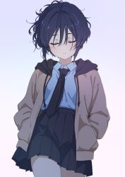  1girl 22/7 black_hair black_necktie black_skirt blue_hood blue_shirt brown_hoodie closed_eyes closed_mouth collared_shirt cowboy_shot furumoto hands_in_pockets highres hood hood_down hoodie miniskirt necktie official_alternate_costume open_clothes open_hoodie pleated_skirt shirt short_hair simple_background skirt solo standing takigawa_miu u_u wavy_hair white_background 