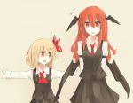  2girls bat_wings blonde_hair fang hair_ribbon head_wings hinami047 koakuma long_hair looking_at_viewer multiple_girls necktie open_mouth outstretched_arms red_eyes redhead ribbon rumia short_hair simple_background skirt smile touhou vest wings 