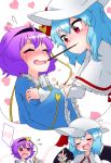  2girls blue_shirt capelet closed_eyes dress hairband highres holding_arm kameyan komeiji_satori lavender_hair long_sleeves looking_at_another multiple_girls pocky pocky_day purple_hair red_eyes remilia_scarlet short_hair thinking thought_bubble touhou violet_eyes white_dress 