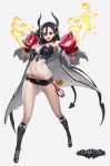  1girl bare_shoulders black_eyes black_hair boots boxing_gloves bustier choker cross-laced_footwear demon_tail earrings full_body hair_between_eyes heart horns jacket jewelry knee_boots long_hair midriff navel pointy_ears short_shorts shorts smile solo tail tattoo 