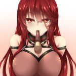  1girl elesis elsword fi-san long_hair mouth_hold pocky red_eyes redhead solo 